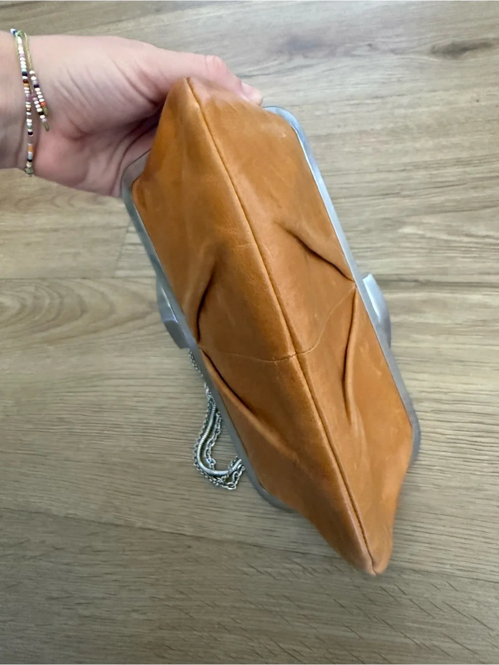 Hobo Hayward Brown Leather Chain Strap Kisslock Clutch Shoulder Bag Purse